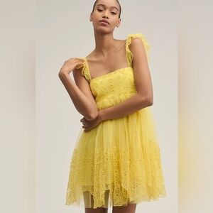 NWT ANTHROPOLOGIE x LET ME BE Yellow Eyelet Tulle Lace Mini Dress Size XS